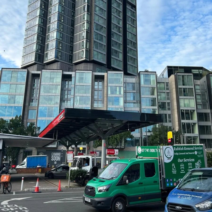 MrTrashLondon van clearing rubbish beside a London tower block